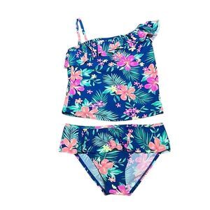 Inbono Girl’s Blue and Pink 2 Piece Swimsuit with Ruffle Detail, Size 6-7, NWT